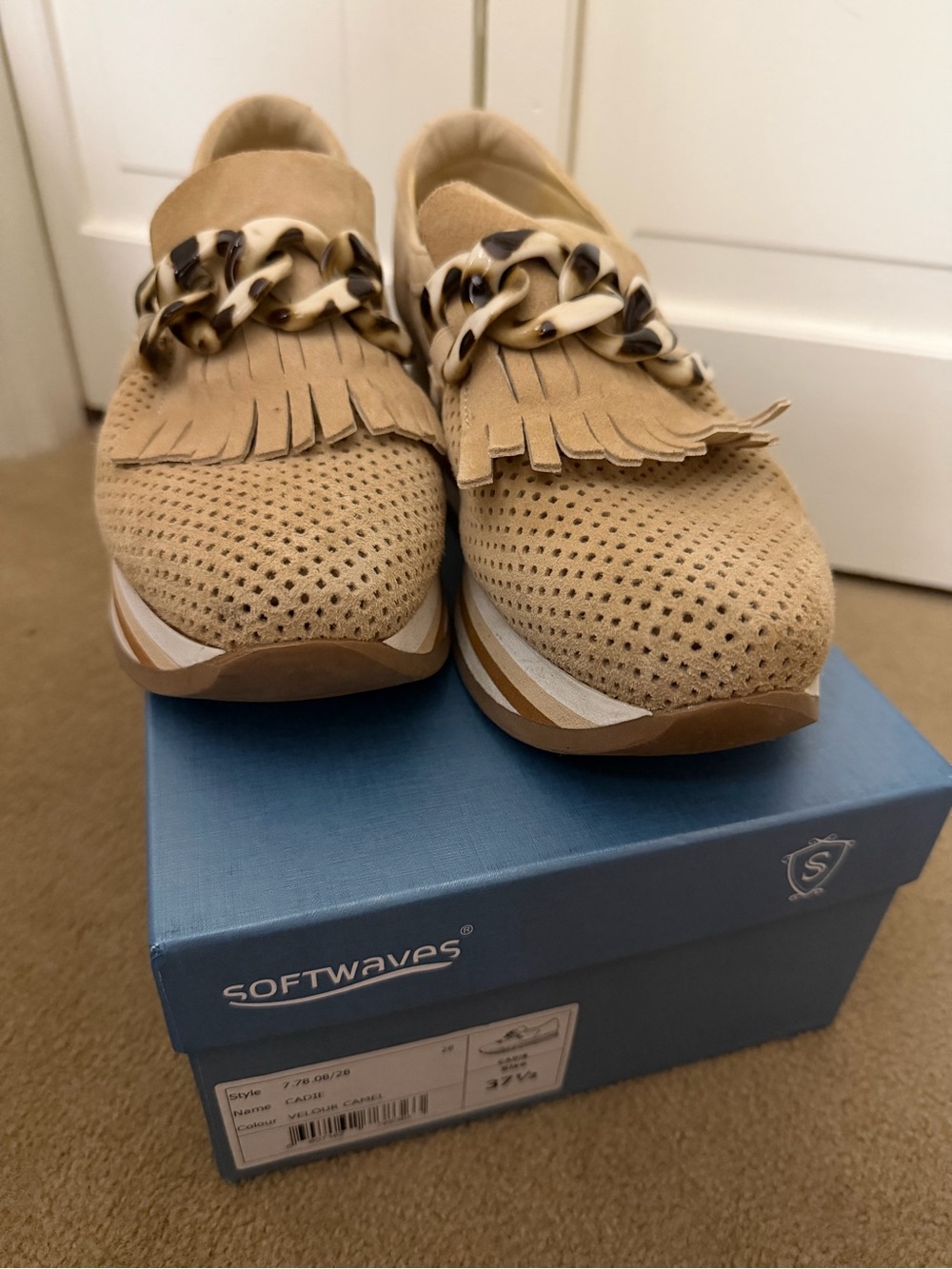 Softwaves Tan Slip-On Sneakers with Fringe and Chain Accent